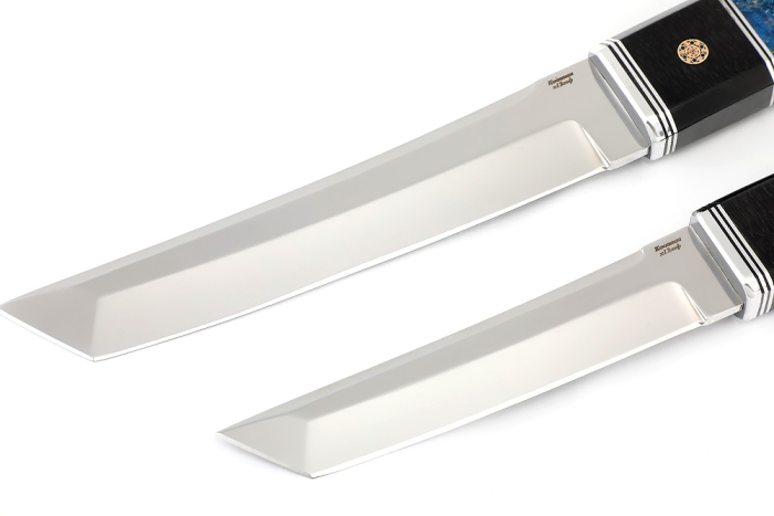 Комплект из 2 ножей Самурай сталь кованая Х12МФ, рукоять вставка черный граб, мозаичный пин + кап клена сине красный