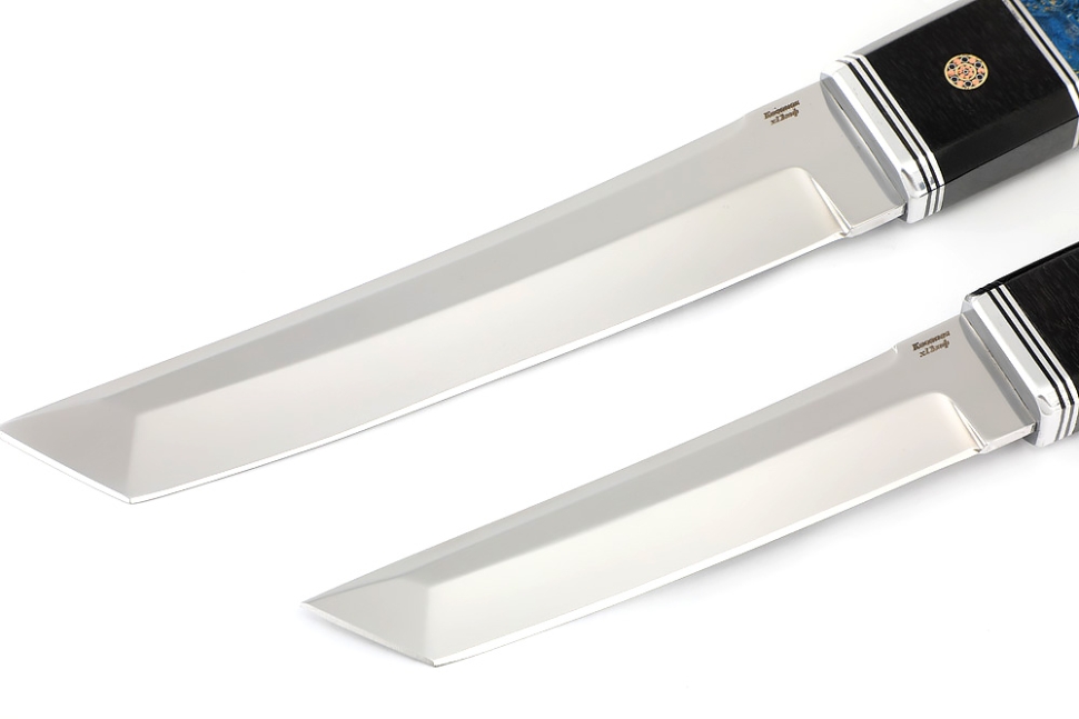 Комплект из 2 ножей Самурай сталь кованая Х12МФ, рукоять вставка черный граб, мозаичный пин + кап клена сине красный