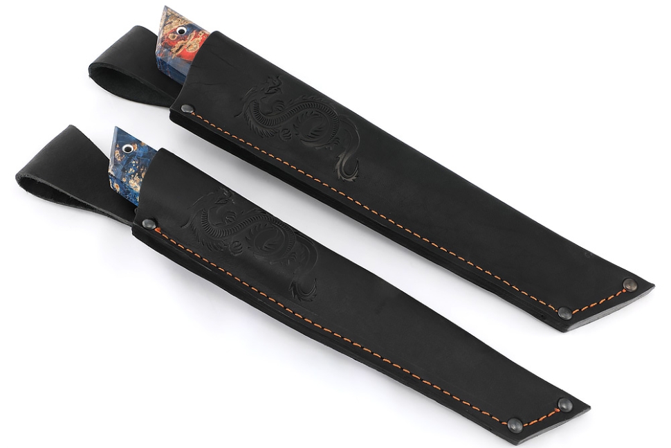 Комплект из 2 ножей Самурай сталь кованая Х12МФ, рукоять вставка черный граб, мозаичный пин + кап клена сине красный