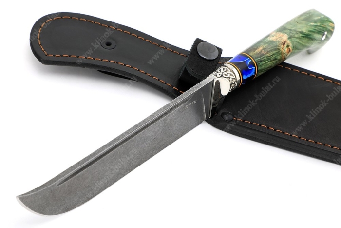 Нож Узбек-2 (К340, зелёная стабилизированная карельская берёза, проставка акрил, мельхиор)