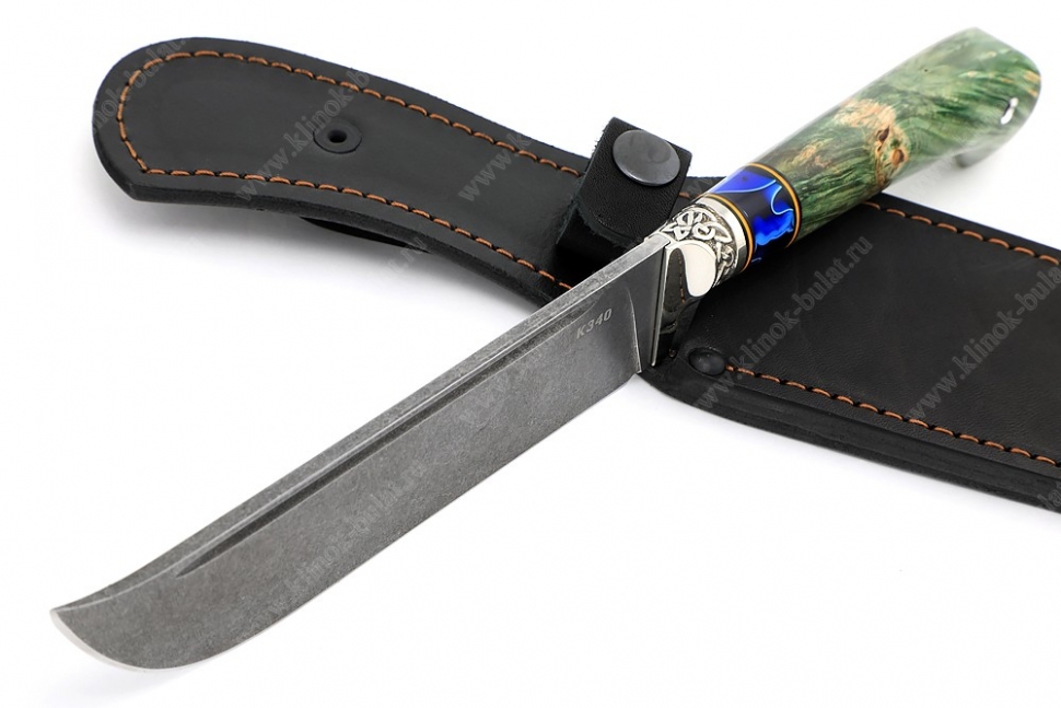Нож Узбек-2 (К340, зелёная стабилизированная карельская берёза, проставка акрил, мельхиор)