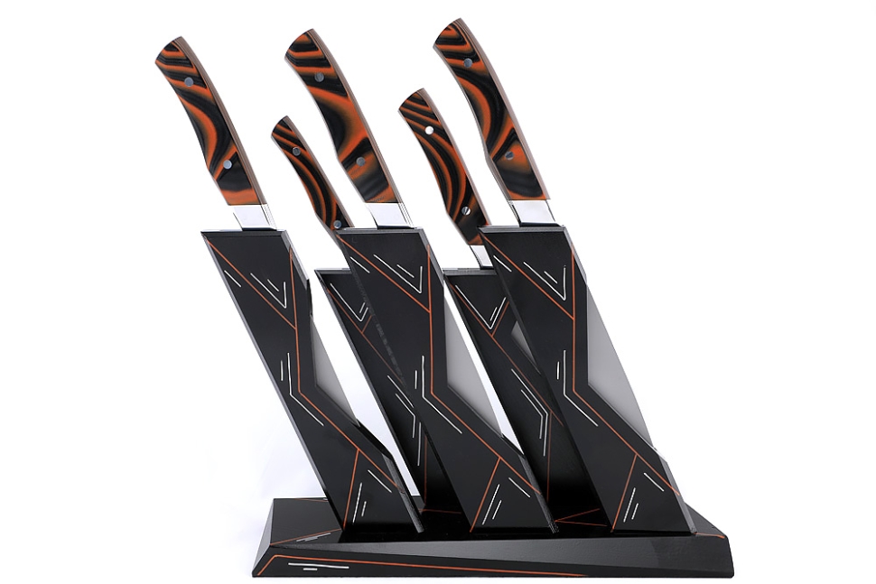 Набор кухонных ножей на подставке К340 G10 черно-оранжевая 5шт.