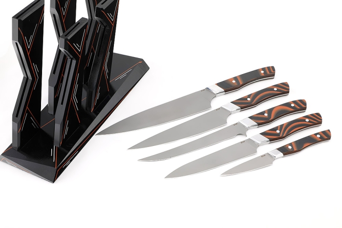 Набор кухонных ножей на подставке К340 G10 черно-оранжевая 5шт.