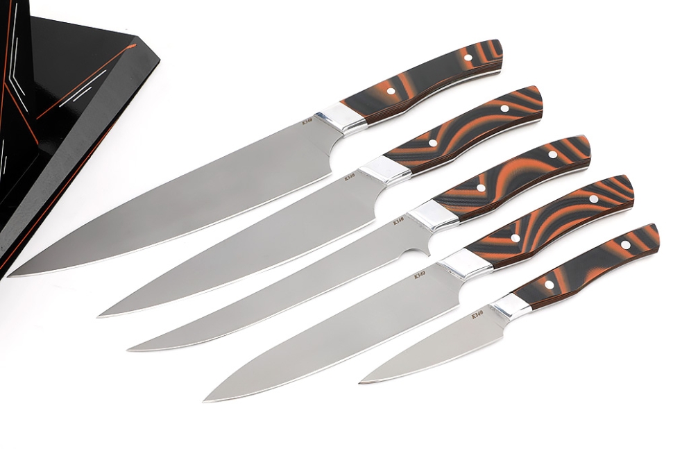 Набор кухонных ножей на подставке К340 G10 черно-оранжевая 5шт.