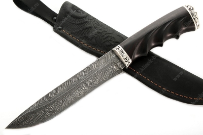 Нож Таран (торцевой дамаск, чёрный граб - мельхиор) резная рукоять