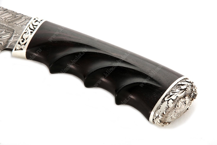 Нож Таран (торцевой дамаск, чёрный граб - мельхиор) резная рукоять