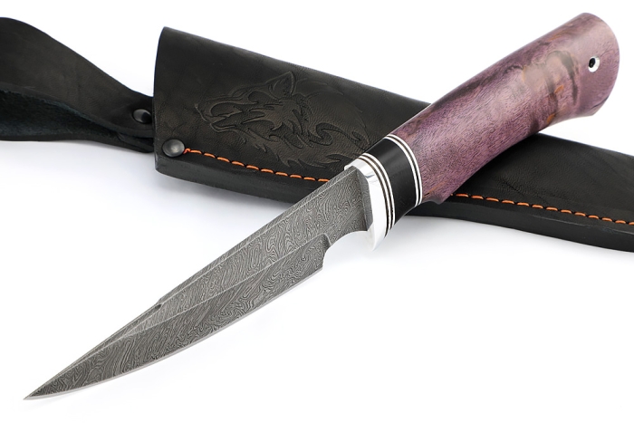 Нож Комар (дамаск, черный граб, карельская берёза фиолетовая)
