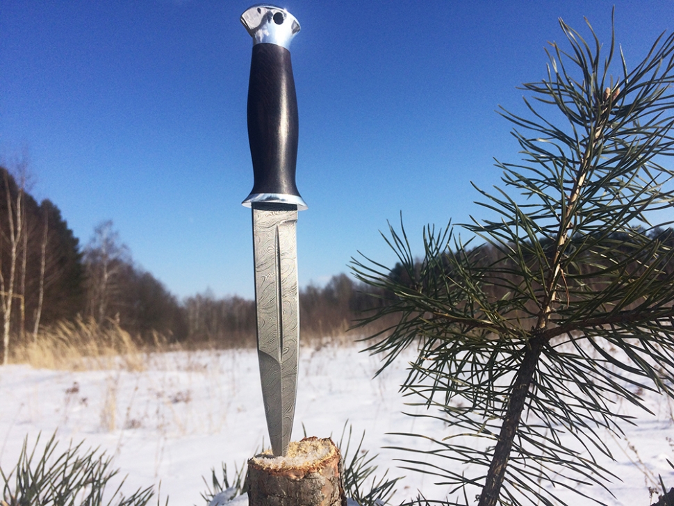 Нож Перо (дамаск, чёрный граб - дюраль)