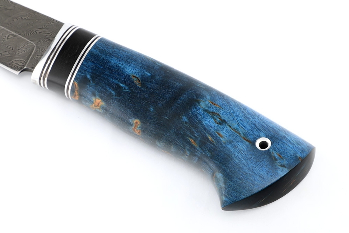 Нож Стрела (дамаск, синяя карельская береза, вставка черный граб)