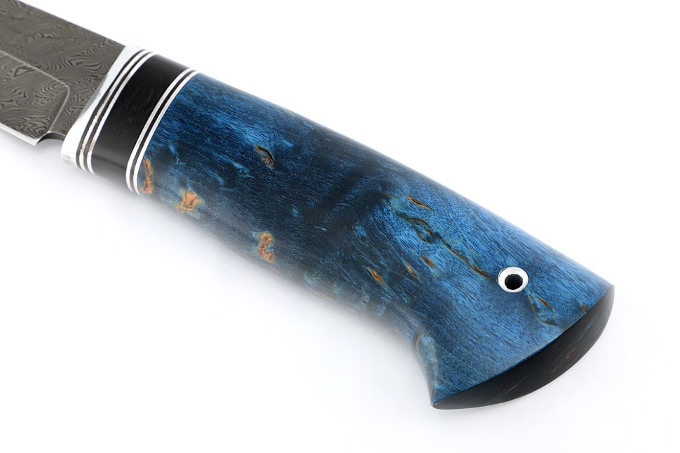 Нож Стрела (дамаск, синяя карельская береза, вставка черный граб)
