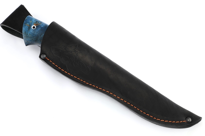 Нож Стрела (дамаск, синяя карельская береза, вставка черный граб)