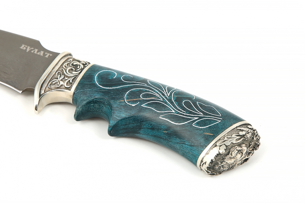 Нож Легион (булат, зеленая стабилизированная карельская береза, инкрустация, мельхиор) на подставке