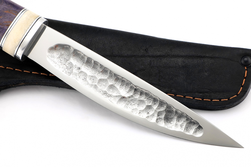 Нож Северный №5 (Х12МФ, кованый дол, фиолетовая карельская берёза, вставка кость)