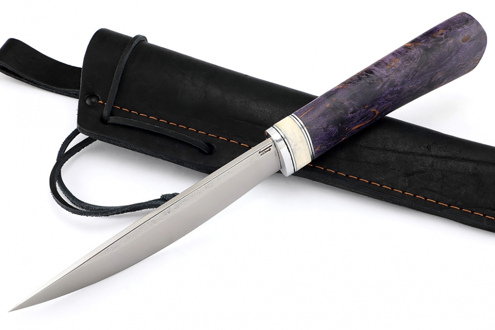 Нож Северный №5 (Х12МФ, кованый дол, фиолетовая карельская берёза, вставка кость)