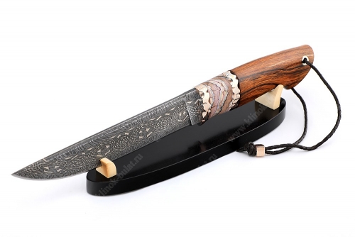 Нож Таран-эксклюзив (мозаичный дамаск с никелем, больстер мокумэ-ганэ, вставка стабилизированный зуб мамонта, аризонский IronWood) 