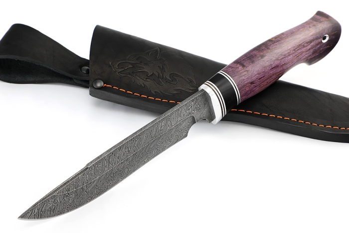 Нож Флагман (дамаск, черный граб, карельская берёза фиолетовая)