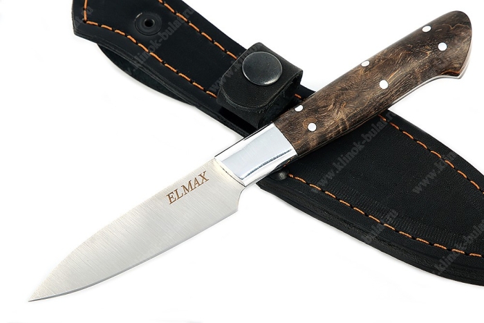 Нож Шеф малый (овощной) премиум (порошковая сталь Elmax - сатин, дюраль - коричневая стабилизированная карельская берёза) цельнометаллический