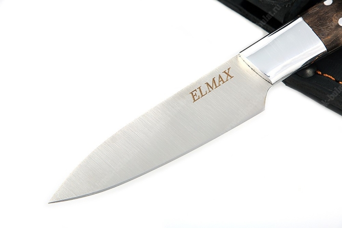 Нож Шеф малый (овощной) премиум (порошковая сталь Elmax - сатин, дюраль - коричневая стабилизированная карельская берёза) цельнометаллический