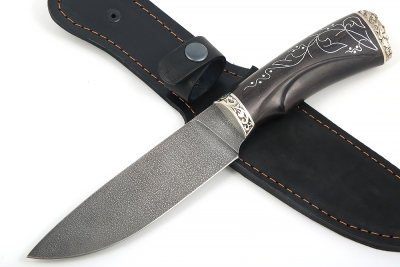 Нож Глухарь (ХВ5-Алмазка, черный граб, инкрустация, мельхиор) резная рукоять