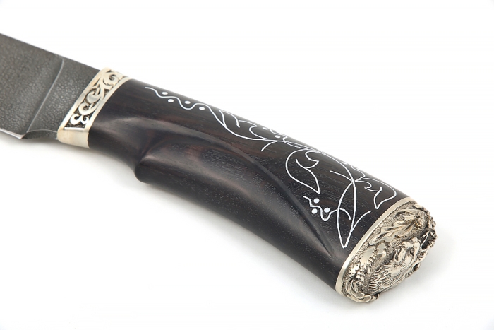Нож Глухарь (ХВ5-Алмазка, черный граб, инкрустация, мельхиор) резная рукоять