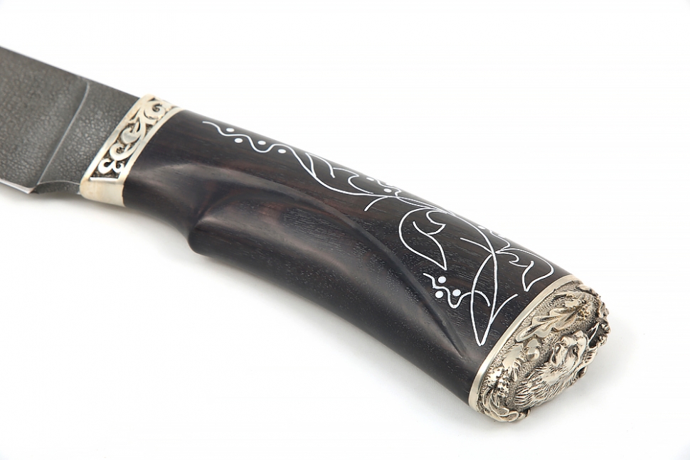 Нож Глухарь (ХВ5-Алмазка, черный граб, инкрустация, мельхиор) резная рукоять
