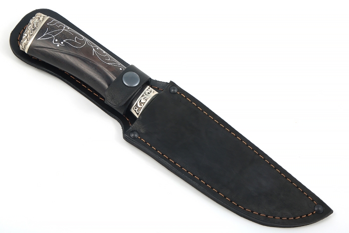 Нож Глухарь (ХВ5-Алмазка, черный граб, инкрустация, мельхиор) резная рукоять