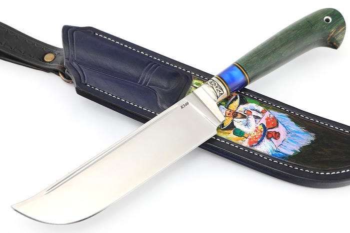 Нож Узбек-3 (К340, зелёная карельская берёза, проставка акрил синий, мельхиор) формованные ножны
