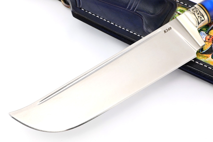 Нож Узбек-3 (К340, зелёная карельская берёза, проставка акрил синий, мельхиор) формованные ножны