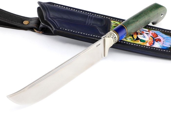 Нож Узбек-3 (К340, зелёная карельская берёза, проставка акрил синий, мельхиор) формованные ножны