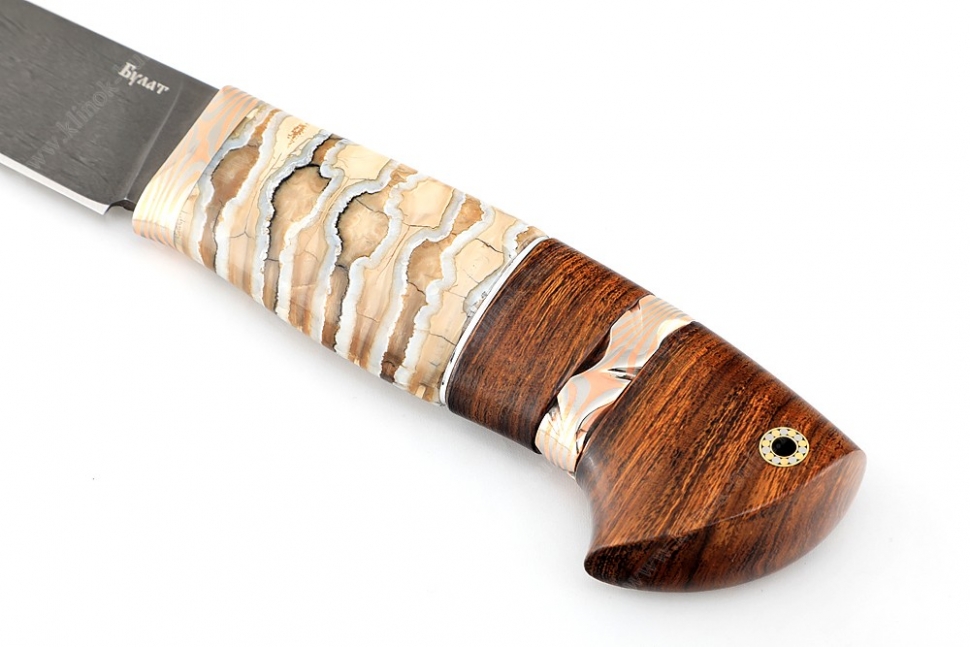 Нож Рысь (булат, стабилизированный зуб мамонта, мокумэ-ганэ, айронвуд)