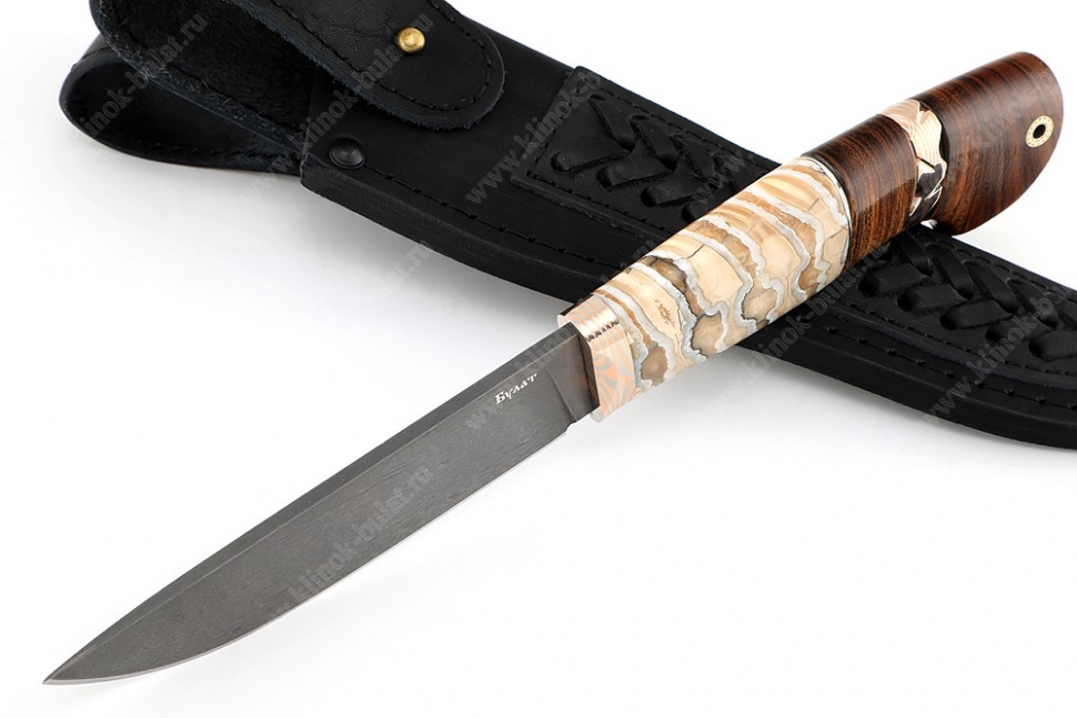 Нож Рысь (булат, стабилизированный зуб мамонта, мокумэ-ганэ, айронвуд)