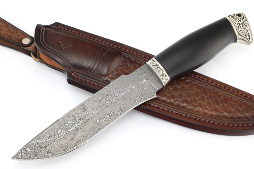 Нож Викинг (дамаск нержавеющий, чёрный граб - мельхиор) формованные ножны