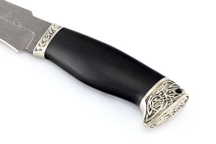 Нож Викинг (дамаск нержавеющий, чёрный граб - мельхиор) формованные ножны
