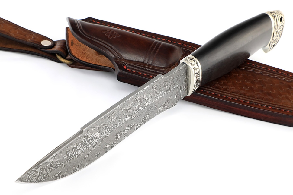 Нож Викинг (дамаск нержавеющий, чёрный граб - мельхиор) формованные ножны