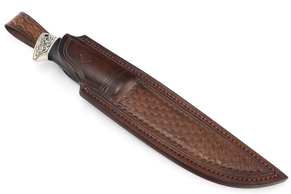 Нож Викинг (дамаск нержавеющий, чёрный граб - мельхиор) формованные ножны