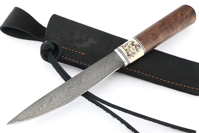 Нож Северный №4 сталь дамаск кованый дол, рукоять вставка клык моржа (скримшоу) карельская береза коричневая