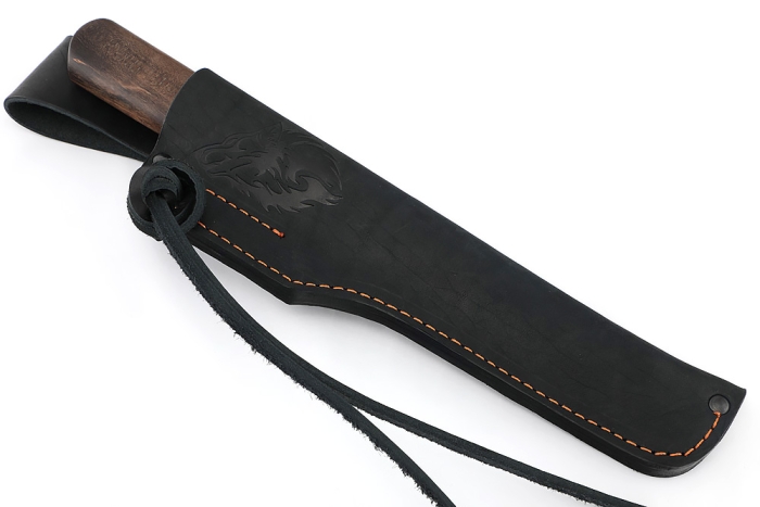 Нож Северный №4 сталь дамаск кованый дол, рукоять вставка клык моржа (скримшоу) карельская береза коричневая