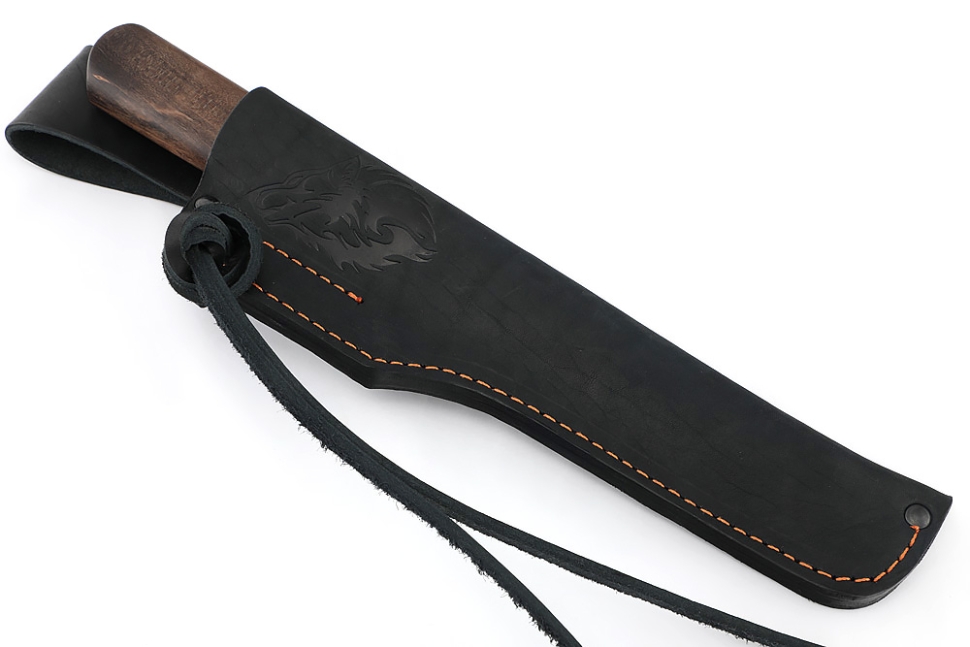 Нож Северный №4 сталь дамаск кованый дол, рукоять вставка клык моржа (скримшоу) карельская береза коричневая