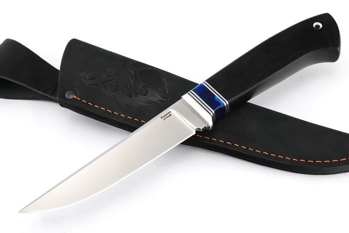 Нож Старатель, Х12МФ рукоять вставка акрил синий, черный граб