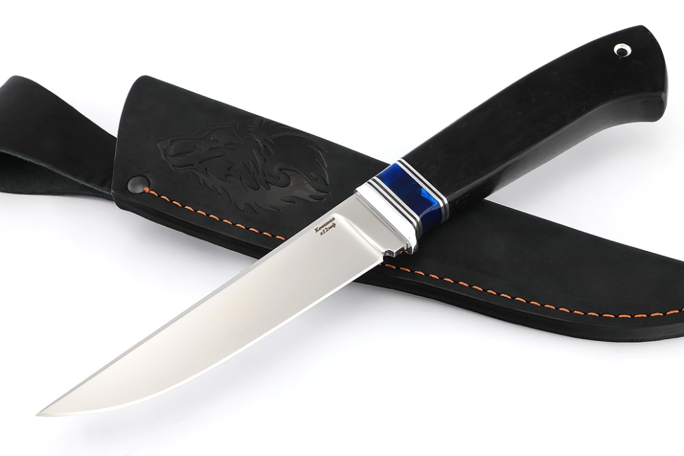 Нож Старатель, Х12МФ рукоять вставка акрил синий, черный граб