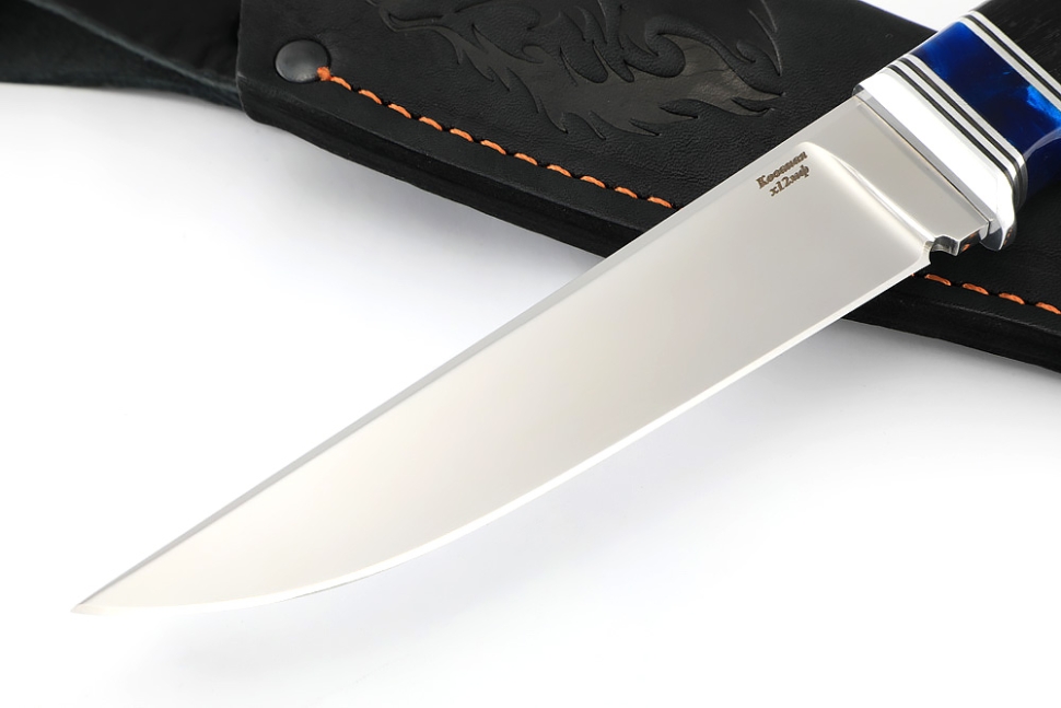 Нож Старатель, Х12МФ рукоять вставка акрил синий, черный граб