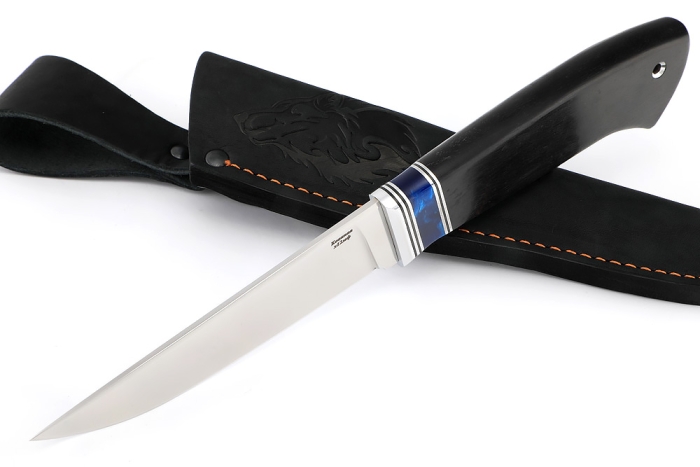 Нож Старатель, Х12МФ рукоять вставка акрил синий, черный граб