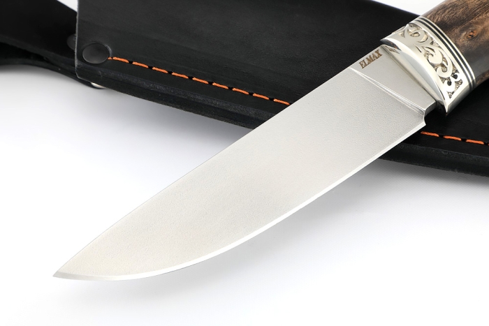 Нож Рысь (порошковая сталь ELMAX, стабилизированная карельская берёза коричневая, мельхиор)