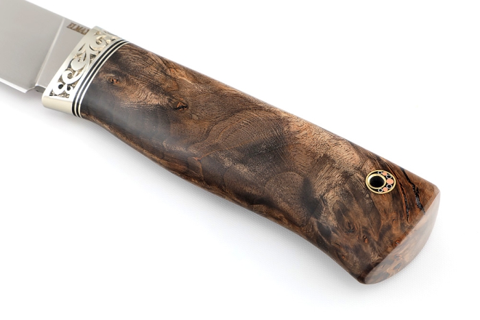 Нож Рысь (порошковая сталь ELMAX, стабилизированная карельская берёза коричневая, мельхиор)