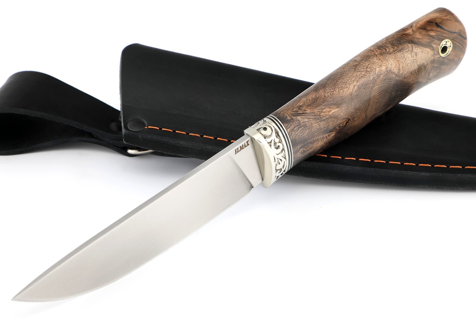 Нож Рысь (порошковая сталь ELMAX, стабилизированная карельская берёза коричневая, мельхиор)