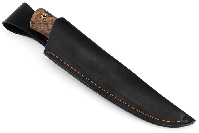 Нож Рысь (порошковая сталь ELMAX, стабилизированная карельская берёза коричневая, мельхиор)