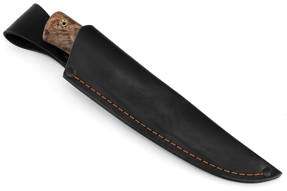 Нож Рысь (порошковая сталь ELMAX, стабилизированная карельская берёза коричневая, мельхиор)