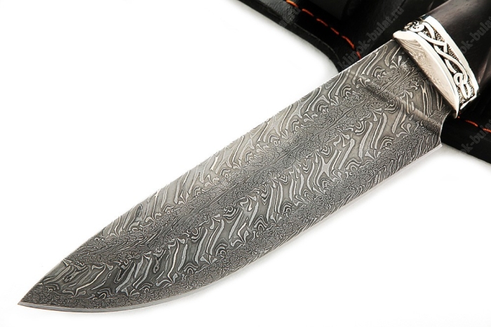 Нож Глухарь (торцевой дамаск, чёрный граб - мельхиор) резная рукоять