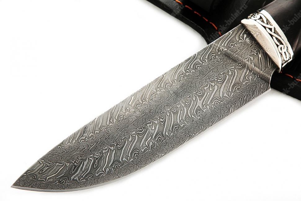 Нож Глухарь (торцевой дамаск, чёрный граб - мельхиор) резная рукоять