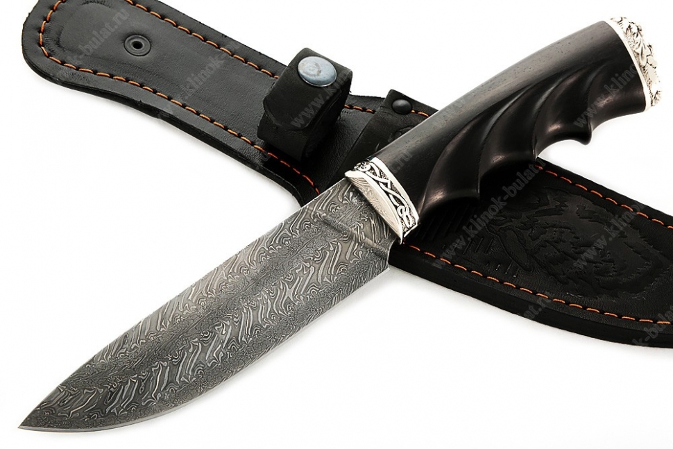 Нож Глухарь (торцевой дамаск, чёрный граб - мельхиор) резная рукоять